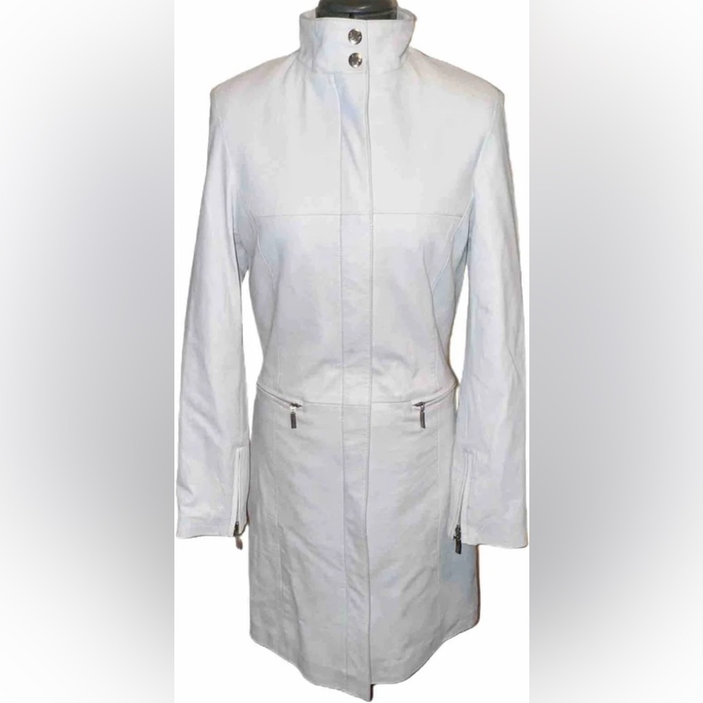 ISO Leather Woman’s White Jacket Size Medium Long White Leather Coat